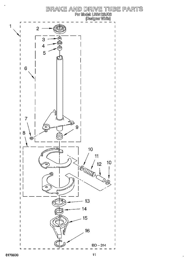 BRAKE AND DRIVE TUBE Diagram and Parts List for LBR4132JQ0  Whirlpool Washer