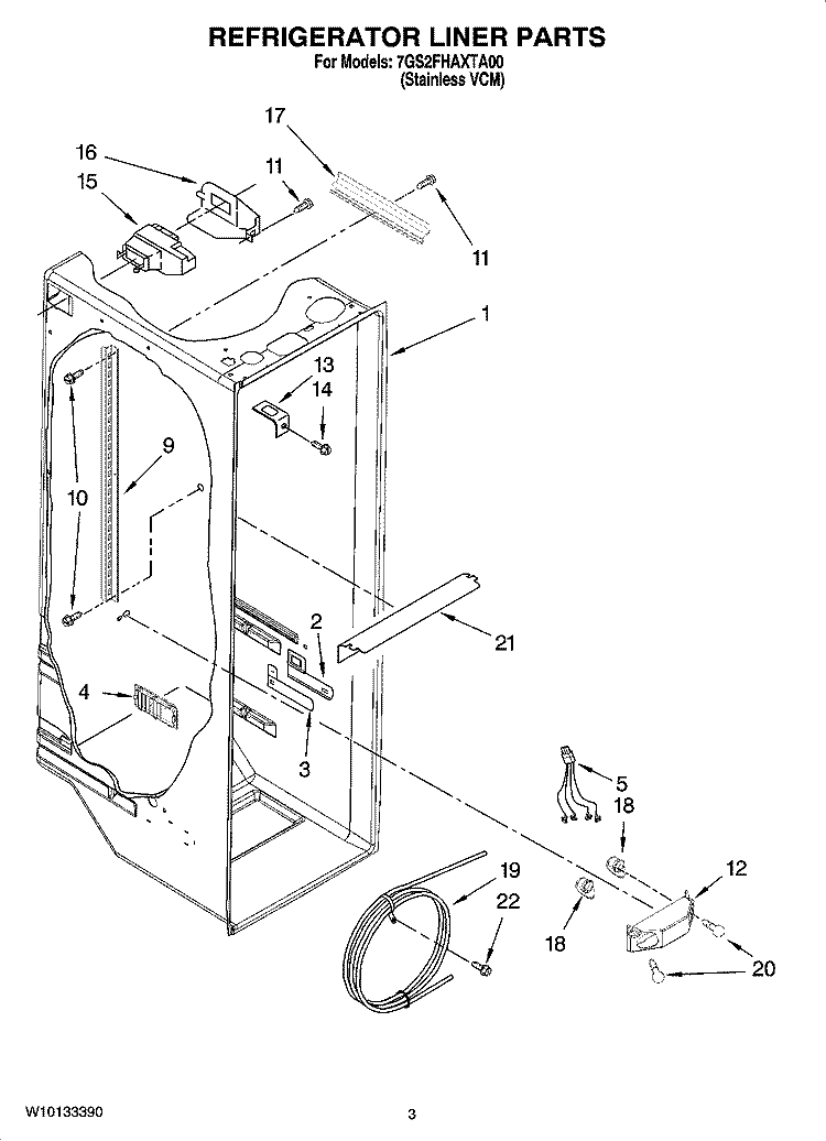 REFRIGERATOR LINER PARTS Diagram and Parts List for 7GS2FHAXTA00  Whirlpool Refrigerator