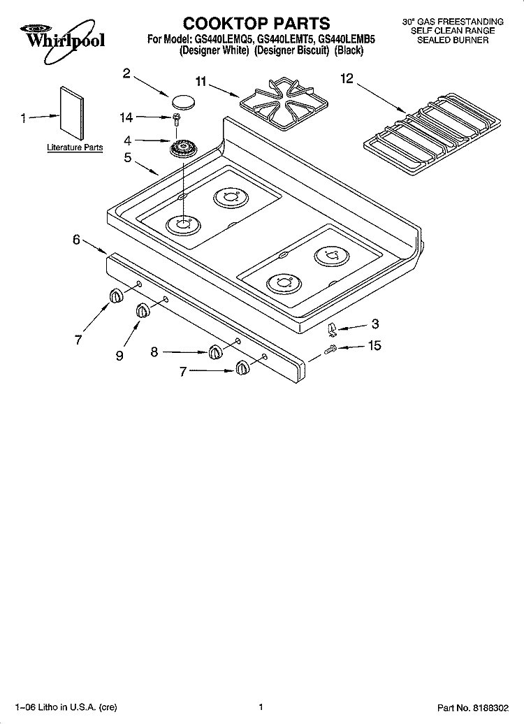 COOKTOP PARTS Diagram and Parts List for GS440LEMB5  Whirlpool Range