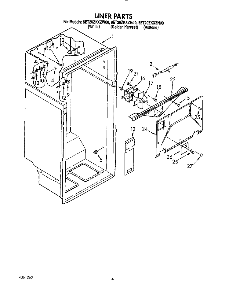LINER Diagram and Parts List for 8ET20ZKXZG00  Whirlpool Refrigerator