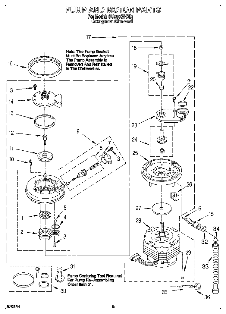 PUMP AND MOTOR Diagram and Parts List for DU980QPDZ0  Whirlpool Dishwasher
