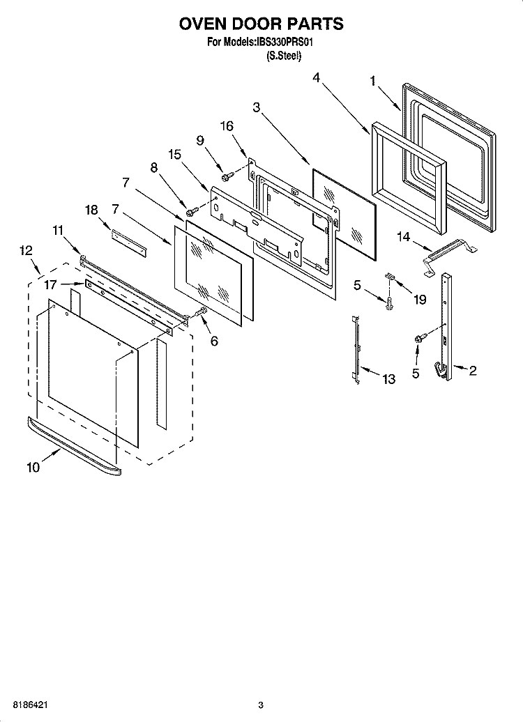 OVEN DOOR PARTS Diagram and Parts List for IBS330PRS01  Whirlpool Wall Oven