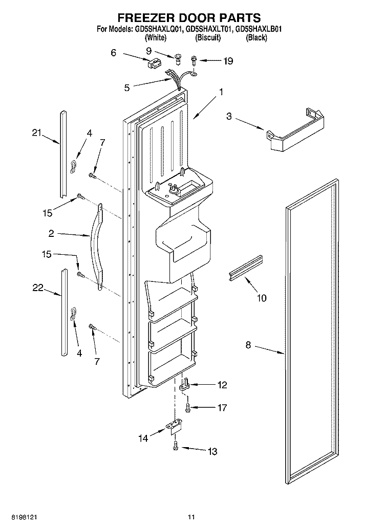 FREEZER DOOR Diagram and Parts List for GC5SHAXLQ01  Whirlpool Refrigerator