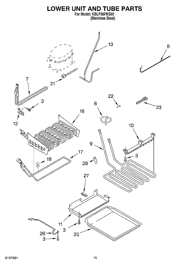 LOWER UNIT AND TUBE Diagram and Parts List for KBLP36FKS00  KitchenAid Refrigerator