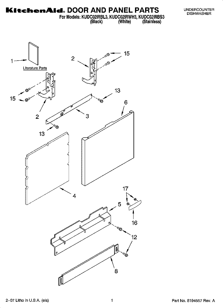 DOOR AND PANEL PARTS Diagram and Parts List for KUDC02IRBS3  KitchenAid Dishwasher