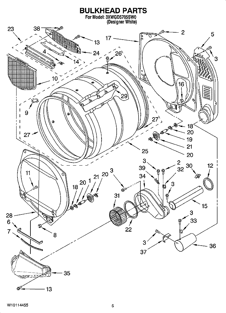 BULKHEAD PARTS Diagram and Parts List for 3XWGD5705SW0  Whirlpool Dryer