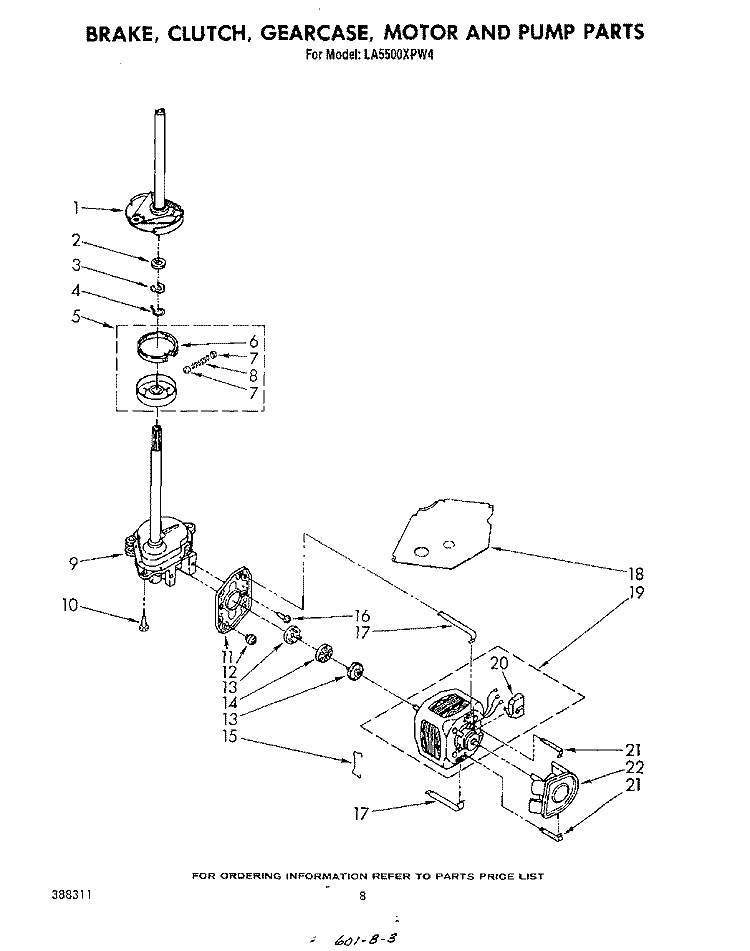 BRAKE, CLUTCH, GEARCASE, MOTOR AND PUMP Diagram and Parts List for LA5500XPW4  Whirlpool Washer