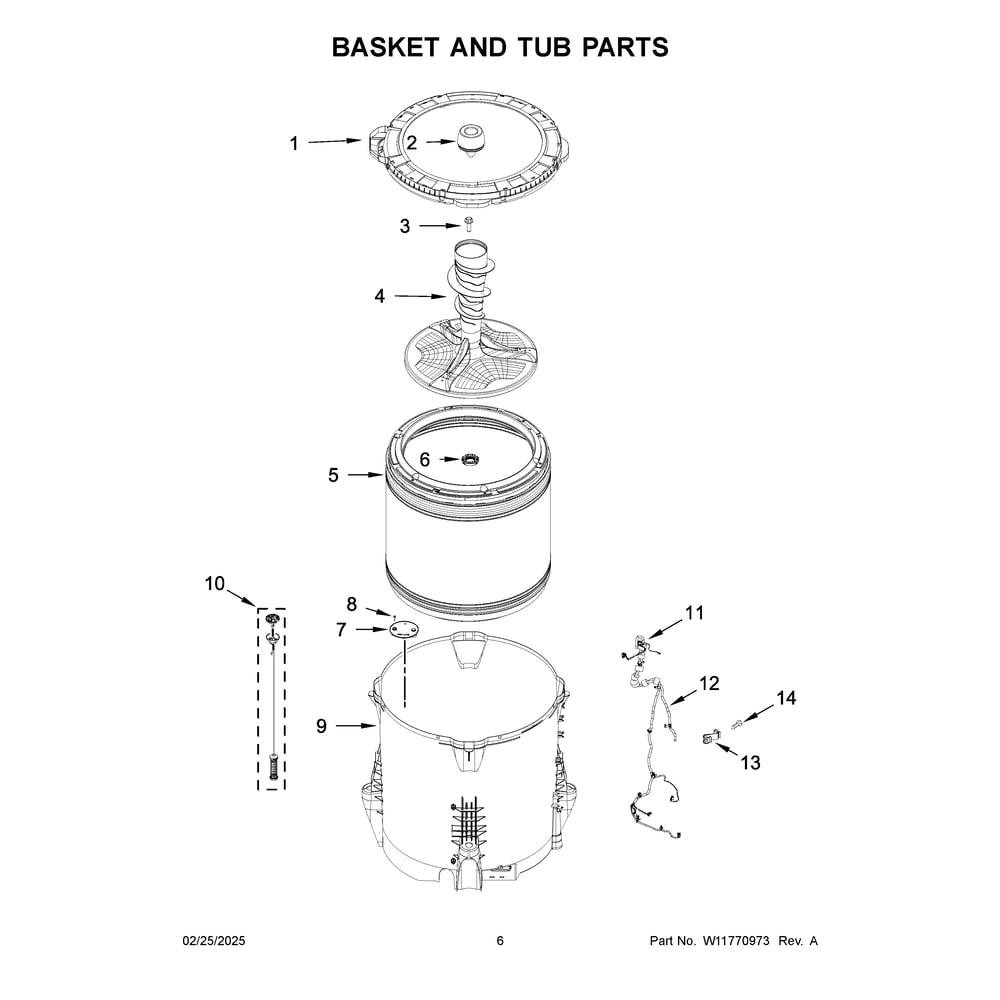 Basket And Tub Parts Diagram and Parts List for WTW5025SW0  Whirlpool Washer