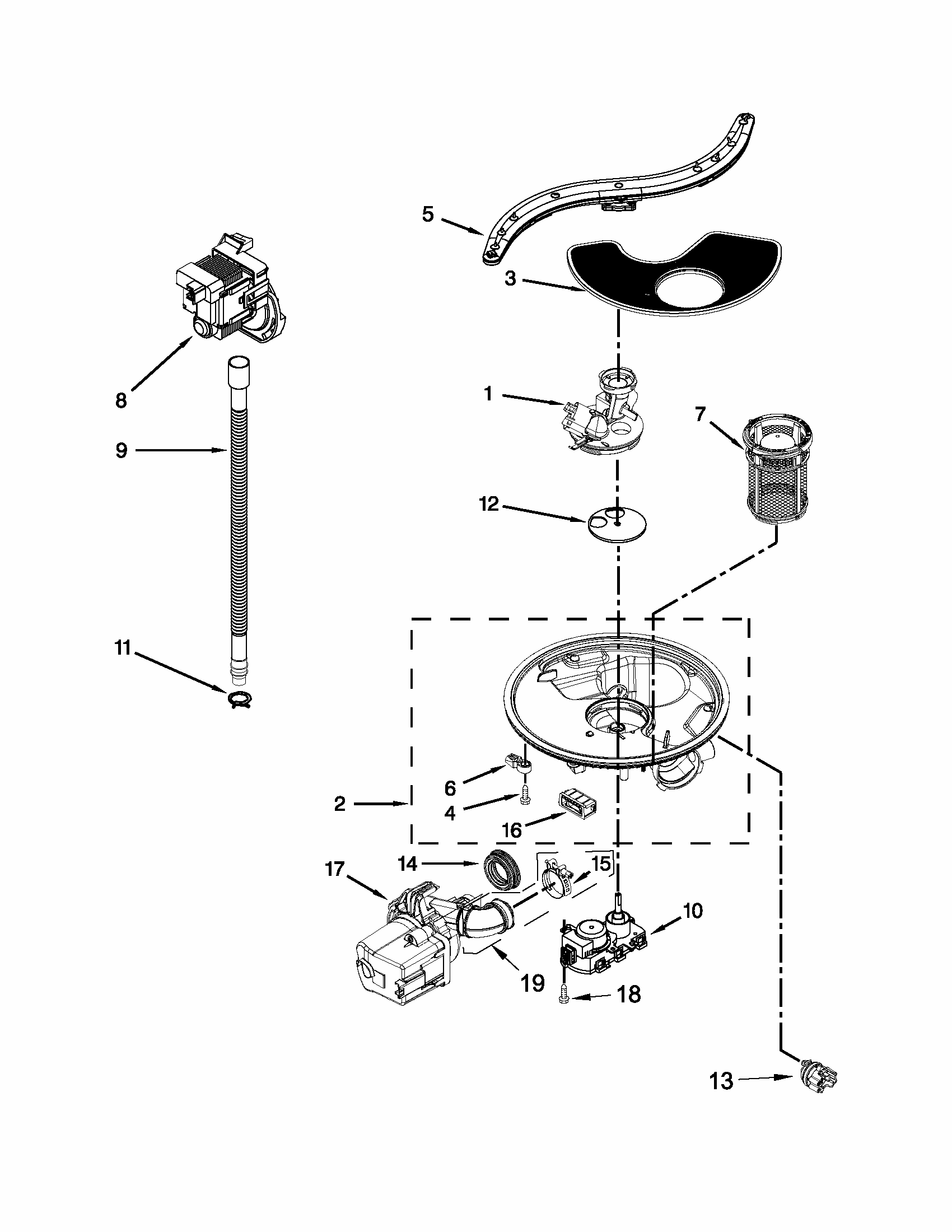 Pump, Washarm And Motor Parts Diagram and Parts List for 66512723K310  Kenmore Dishwasher