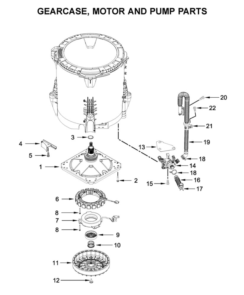 Gearcase, Motor And Pump Parts Diagram and Parts List for 11031652020  Kenmore Washer