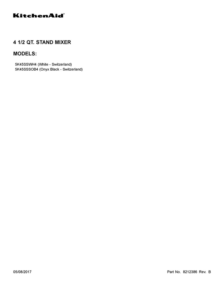 Cover Sheet Diagram and Parts List for 5K45SSSOB4  KitchenAid Mixer