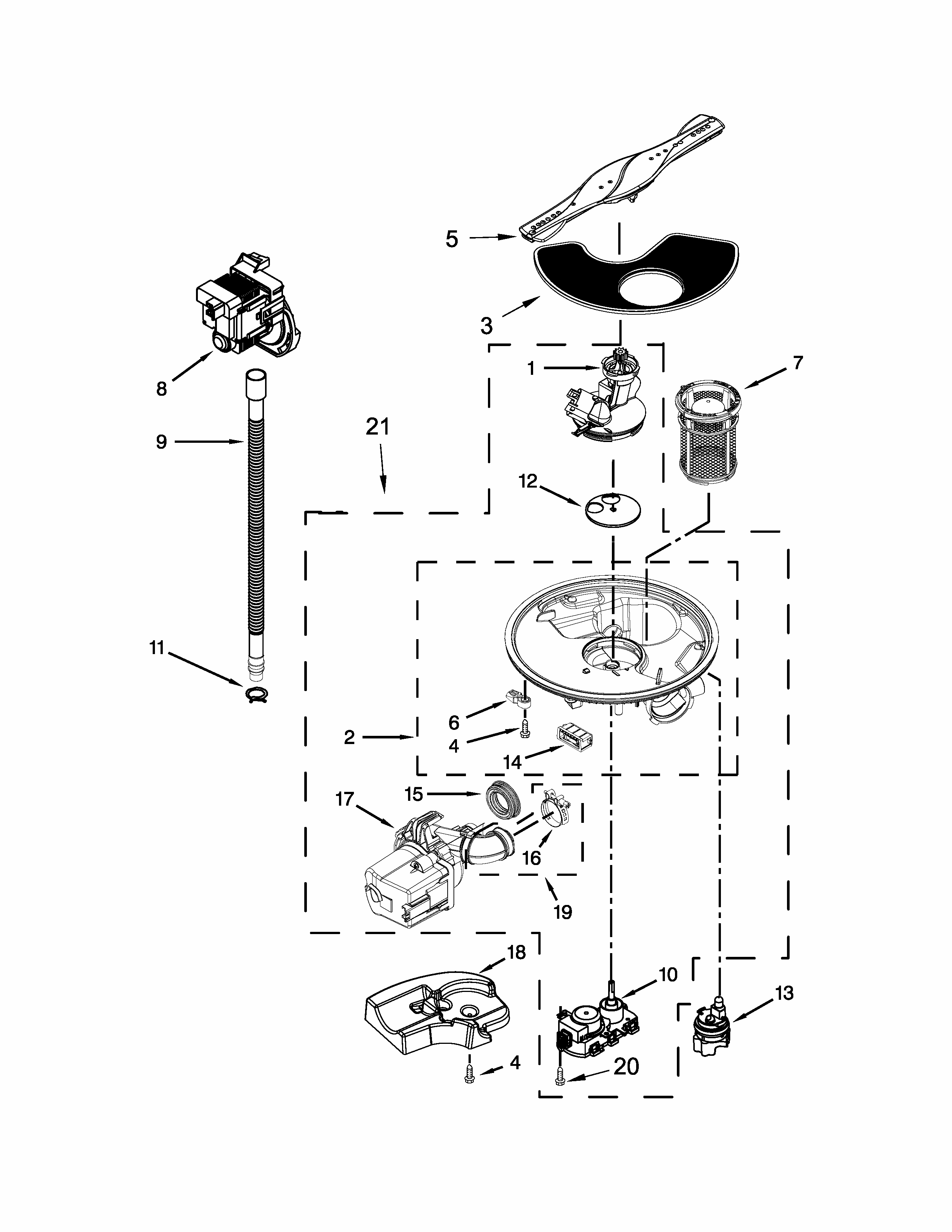 Pump, Washarm And Motor Parts Diagram and Parts List for 66513549N412  Kenmore Dishwasher