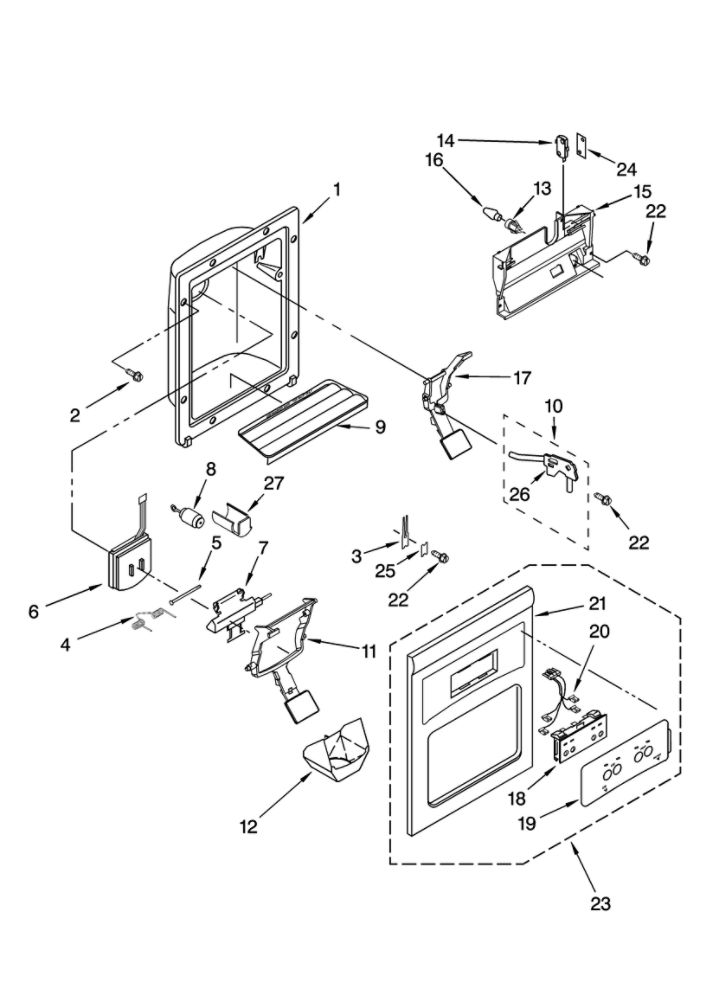Dispenser Front Parts Diagram and Parts List for 10659432801  Kenmore Refrigerator