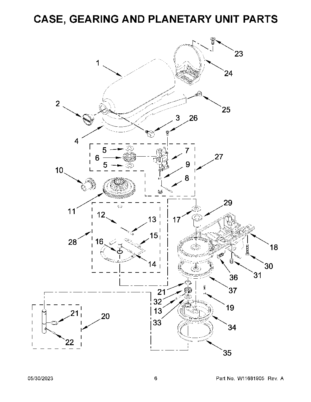 Case, Gearing And Planetary Unit Parts Diagram and Parts List for KSM150PSLCA5  KitchenAid Mixer
