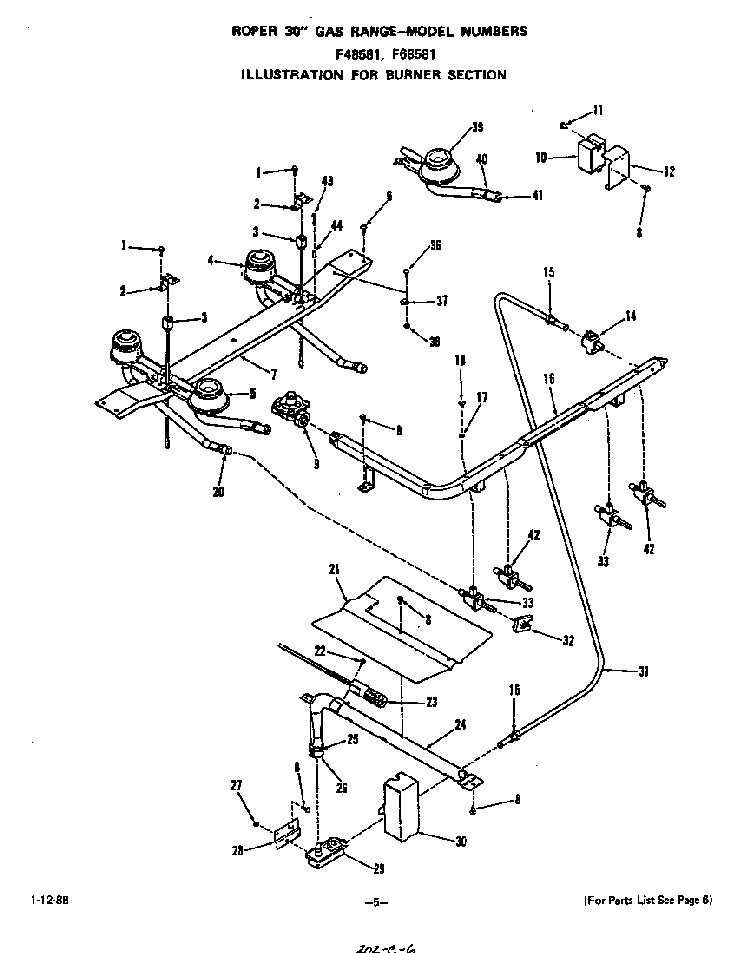 Burner Diagram and Parts List for F6858*1  Roper Range