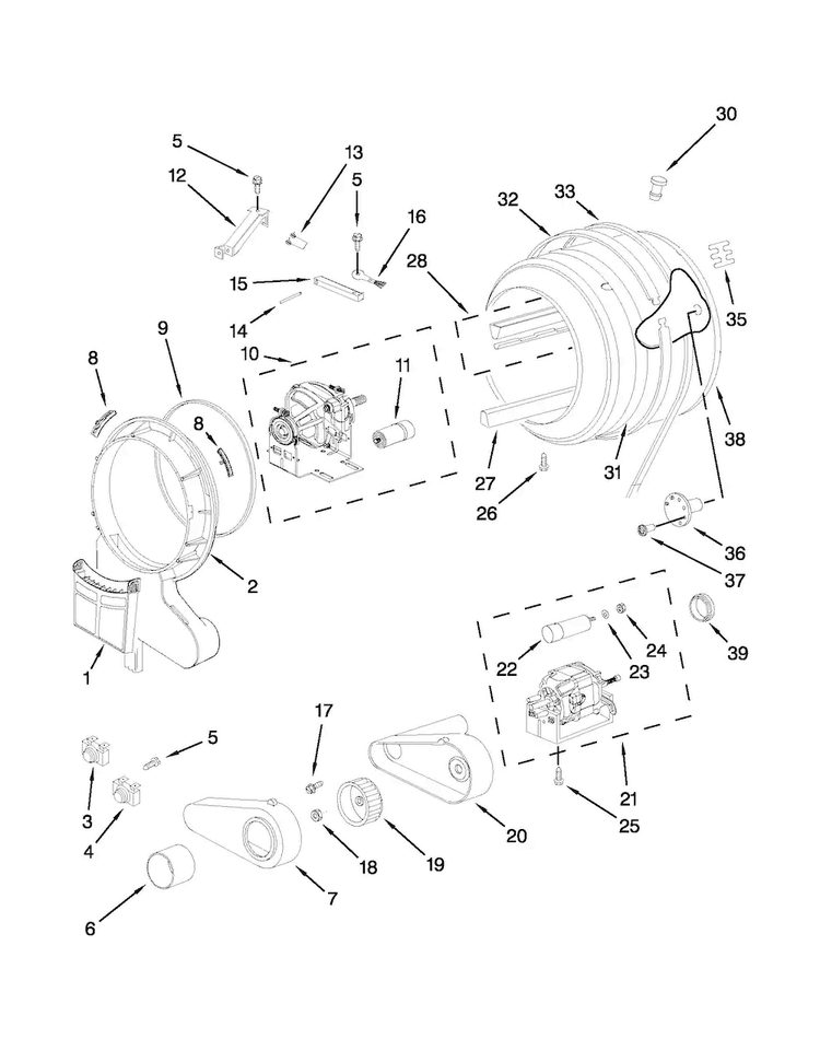 Drum And Motor Parts Diagram and Parts List for WED7500VW1  Whirlpool Dryer