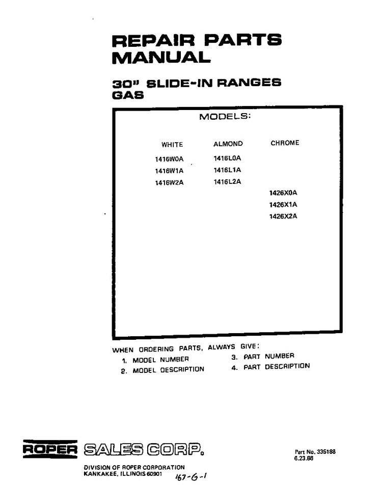 Cover Page-text Only Diagram and Parts List for 1416*0A  Roper Range