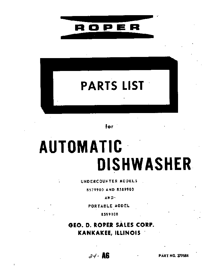 Front Cover Diagram and Parts List for 8579900  Roper Dishwasher