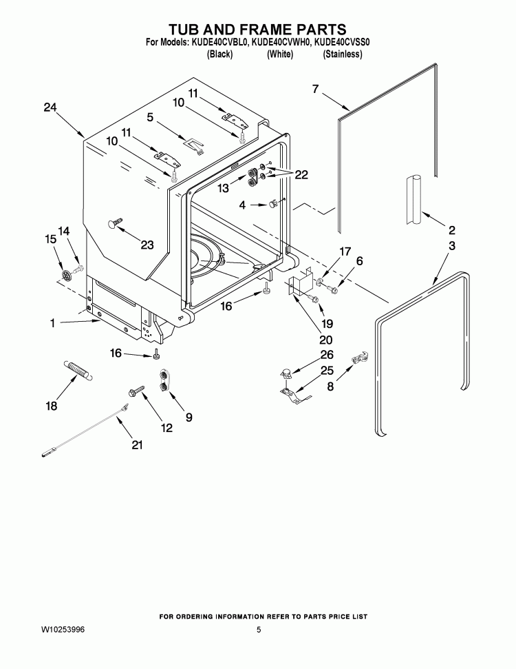 TUB AND FRAME PARTS Diagram and Parts List for KUDE40CVWH0  KitchenAid Dishwasher