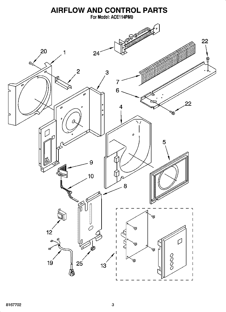 AIRFLOW AND CONTROL PARTS Diagram and Parts List for ACE114PM0  Whirlpool Air Conditioner