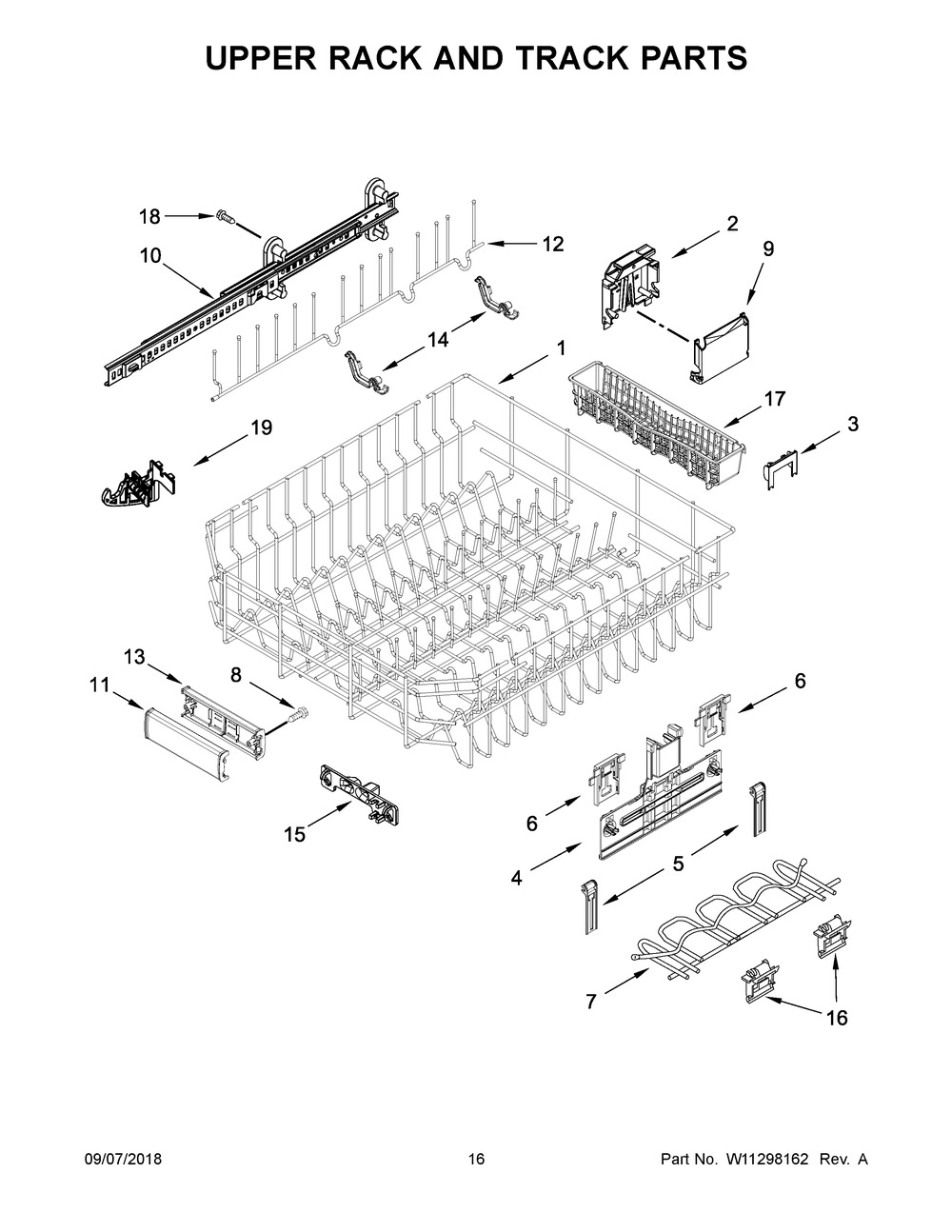 Upper Rack And Track Parts Diagram and Parts List for KDTM704EBS3  Whirlpool Dishwasher