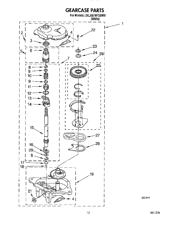 GEARCASE Diagram and Parts List for 3XLA87W72BW0  Whirlpool Washer