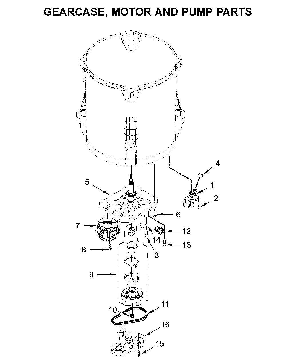 Gearcase, motor and pump parts Diagram and Parts List for WTW5005KW0  Whirlpool Washer
