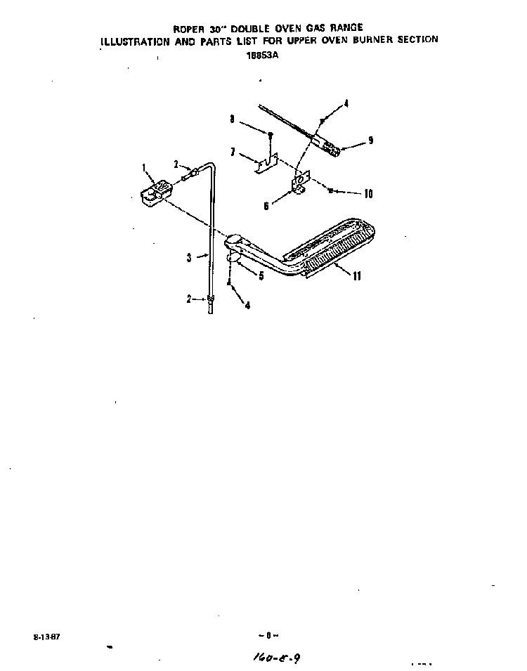 Upper Oven Burner Diagram and Parts List for 1885*3A  Roper Range