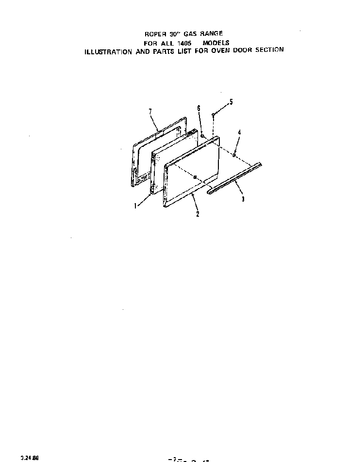 Oven Door Diagram and Parts List for 1405*1A  Roper Range