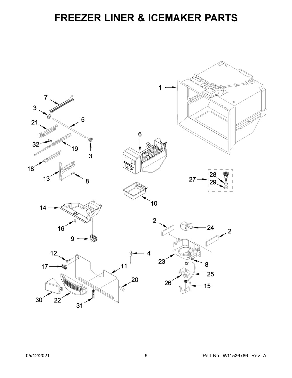 Freezer Liner And Icemaker Parts Diagram and Parts List for MBF1958FEZ06  Whirlpool Refrigerator