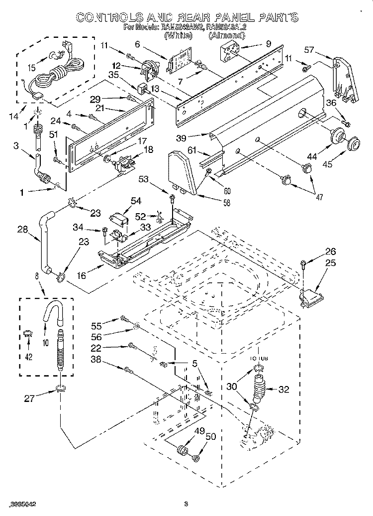 CONTROLS AND REAR PANEL Diagram and Parts List for RAM5243AW2  Whirlpool Washer