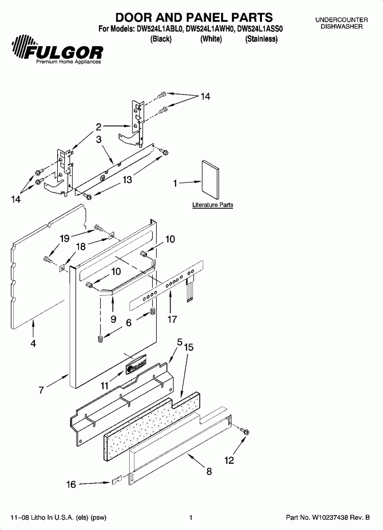 DOOR AND PANEL PARTS Diagram and Parts List for DW524L1ABL0  Whirlpool Dishwasher