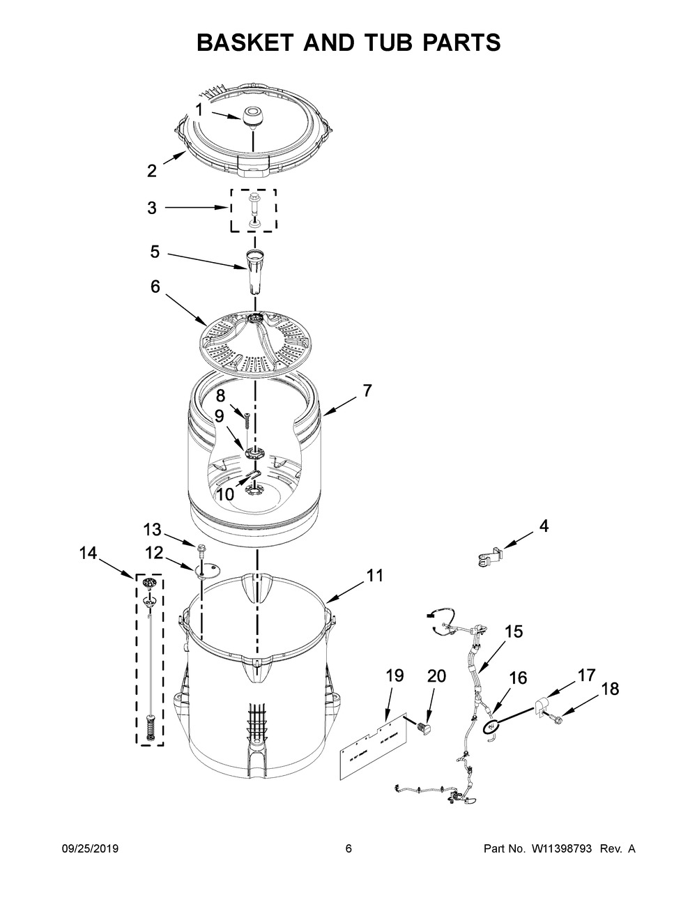 Basket And Tub Parts Diagram and Parts List for 4KWTW5900JW0  Whirlpool Washer