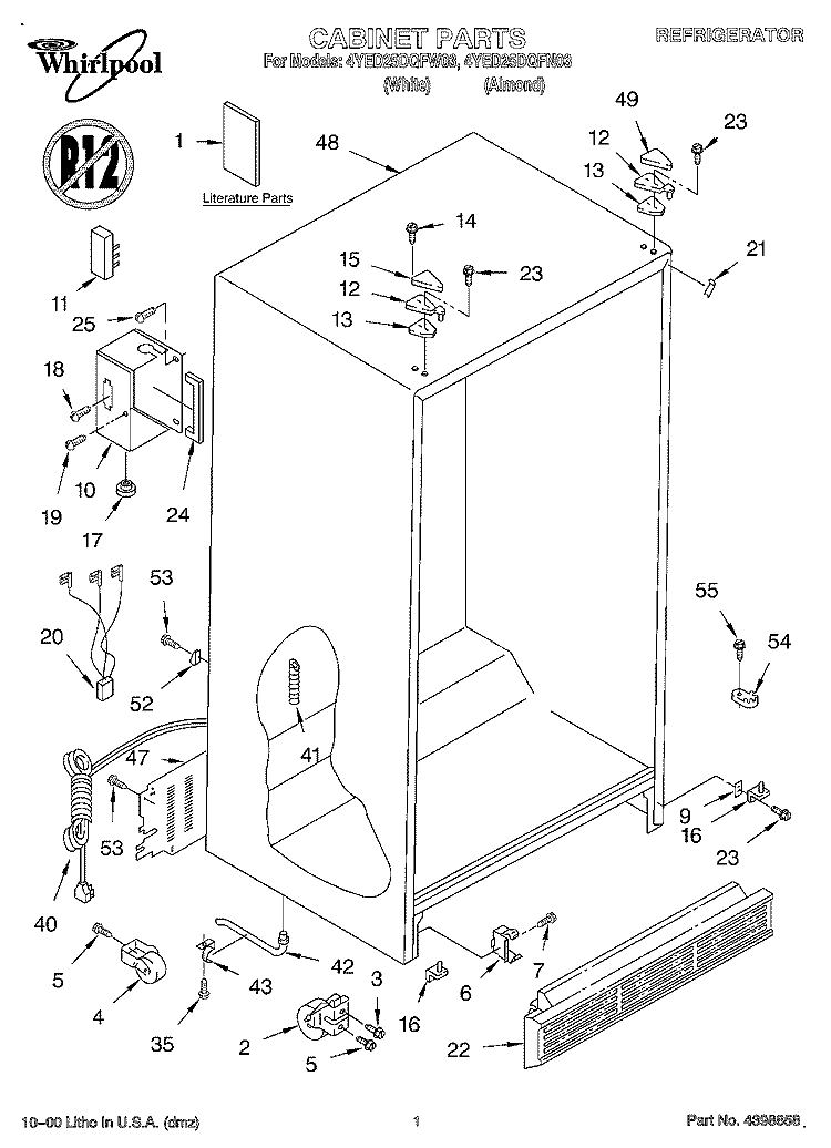 CABINET, LITERATURE Diagram and Parts List for 4YED25DQFN03  Whirlpool Refrigerator