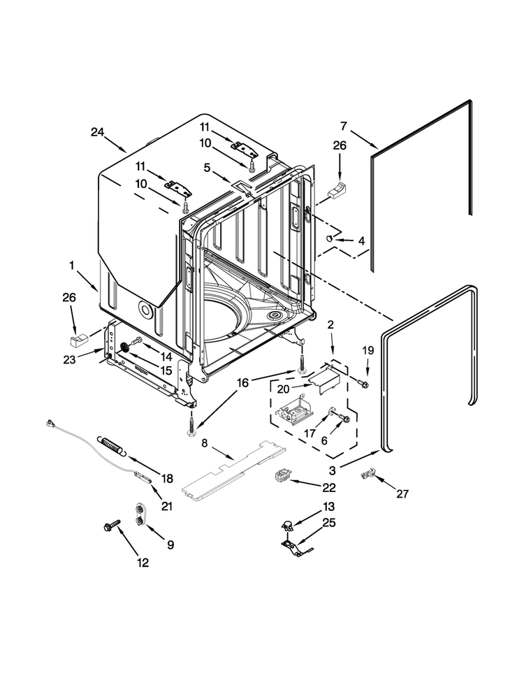 Tub And Frame Parts Diagram and Parts List for BLB14DRANA4  Whirlpool Dishwasher