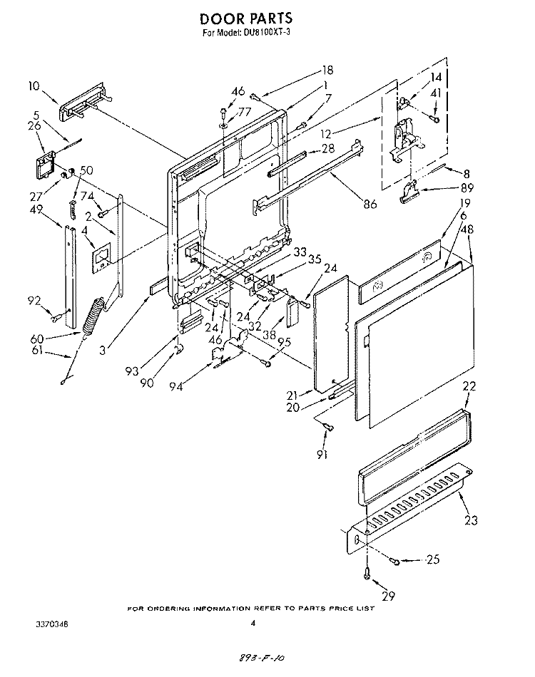 DOOR Diagram and Parts List for DU8100XT3  Whirlpool Dishwasher