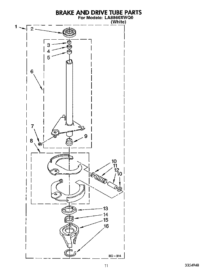 BRAKE AND DRIVE TUBE Diagram and Parts List for LA8860XWQ0  Whirlpool Washer
