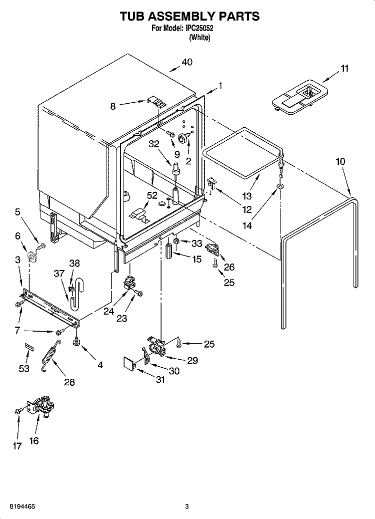 TUB ASSEMBLY PARTS Diagram and Parts List for IPC25052  Inglis Dishwasher