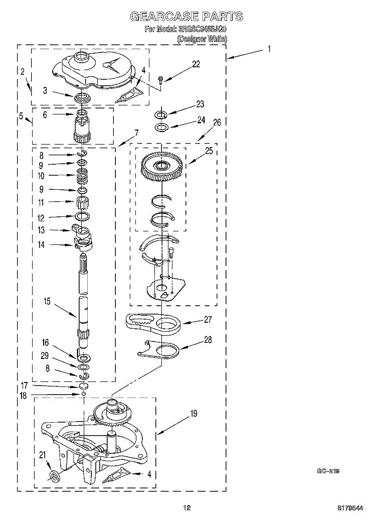 GEARCASE Diagram and Parts List for 3RGSC9455JQ0  Whirlpool Washer