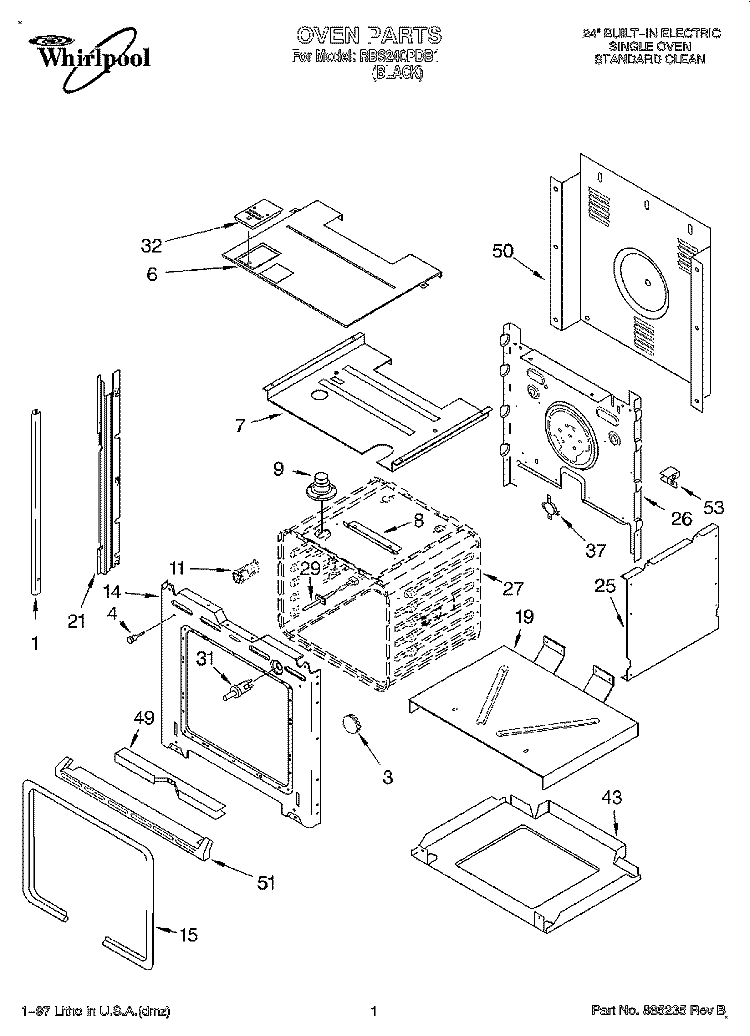 OVEN Diagram and Parts List for RBS240PDB1  Whirlpool Wall Oven