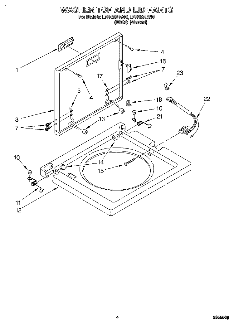 WASHER TOP AND LID Diagram and Parts List for LPR4231AW0  Whirlpool Washer