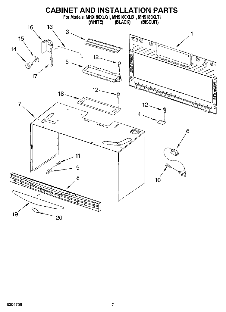 CABINET AND INSTALLATION PARTS Diagram and Parts List for MH9180XLT1  Whirlpool Microwave