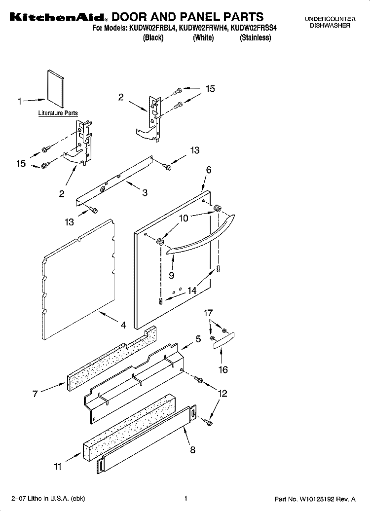 DOOR AND PANEL PARTS Diagram and Parts List for KUDW02FRWH4  KitchenAid Dishwasher