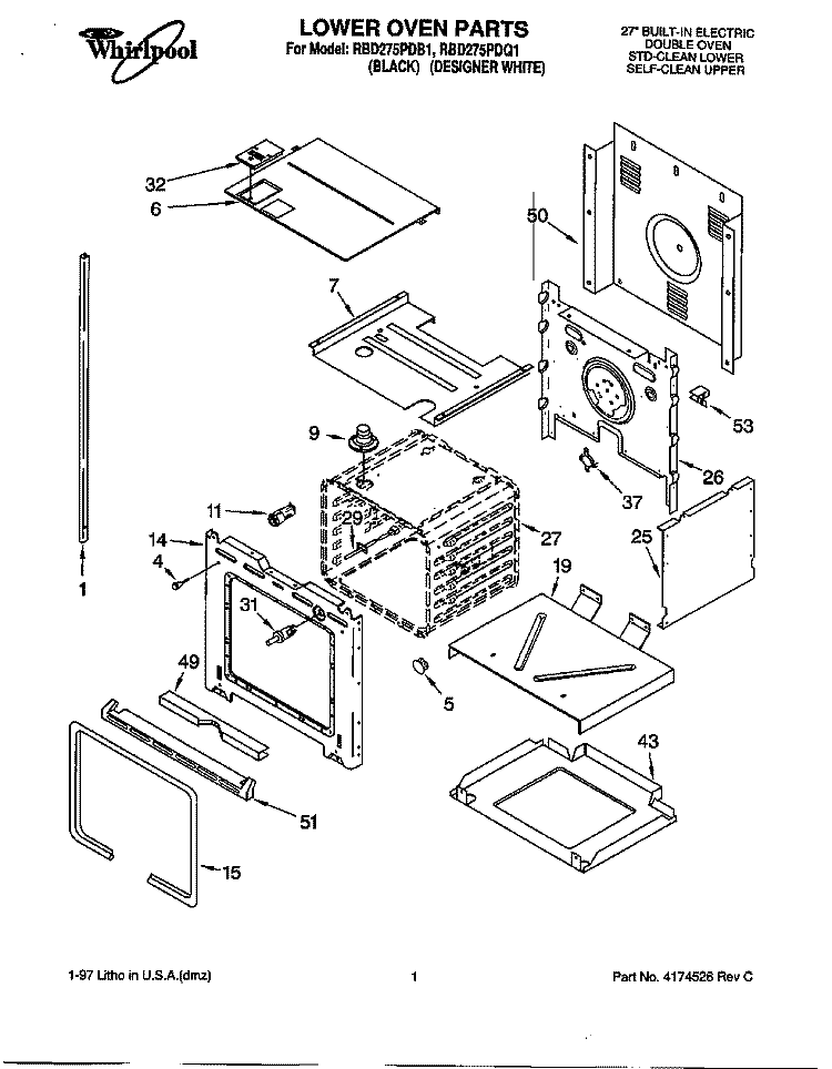 LOWER OVEN Diagram and Parts List for RBD275PDB1  Whirlpool Wall Oven