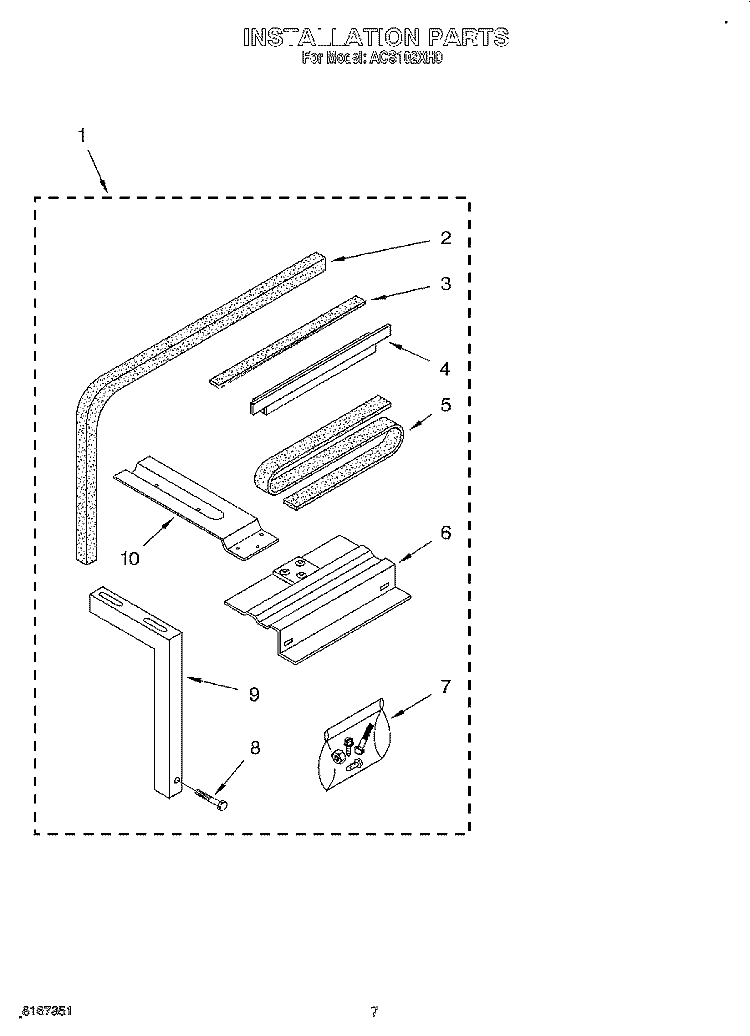 INSTALLATION Diagram and Parts List for ACS102XH0  Whirlpool Air Conditioner
