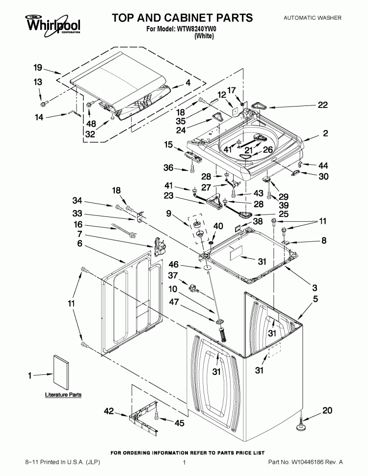 TOP AND CABINET PARTS Diagram and Parts List for WTW8240YW0  Whirlpool Washer