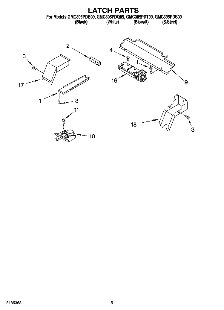 LATCH PARTS Diagram and Parts List for GMC305PDS09  Whirlpool Microwave Oven Combo