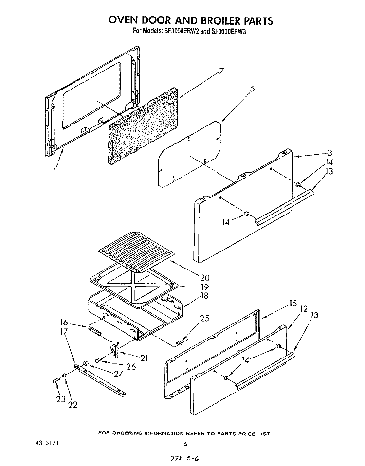 OVEN DOOR AND BROILER Diagram and Parts List for SF3000ERW3  Whirlpool Range