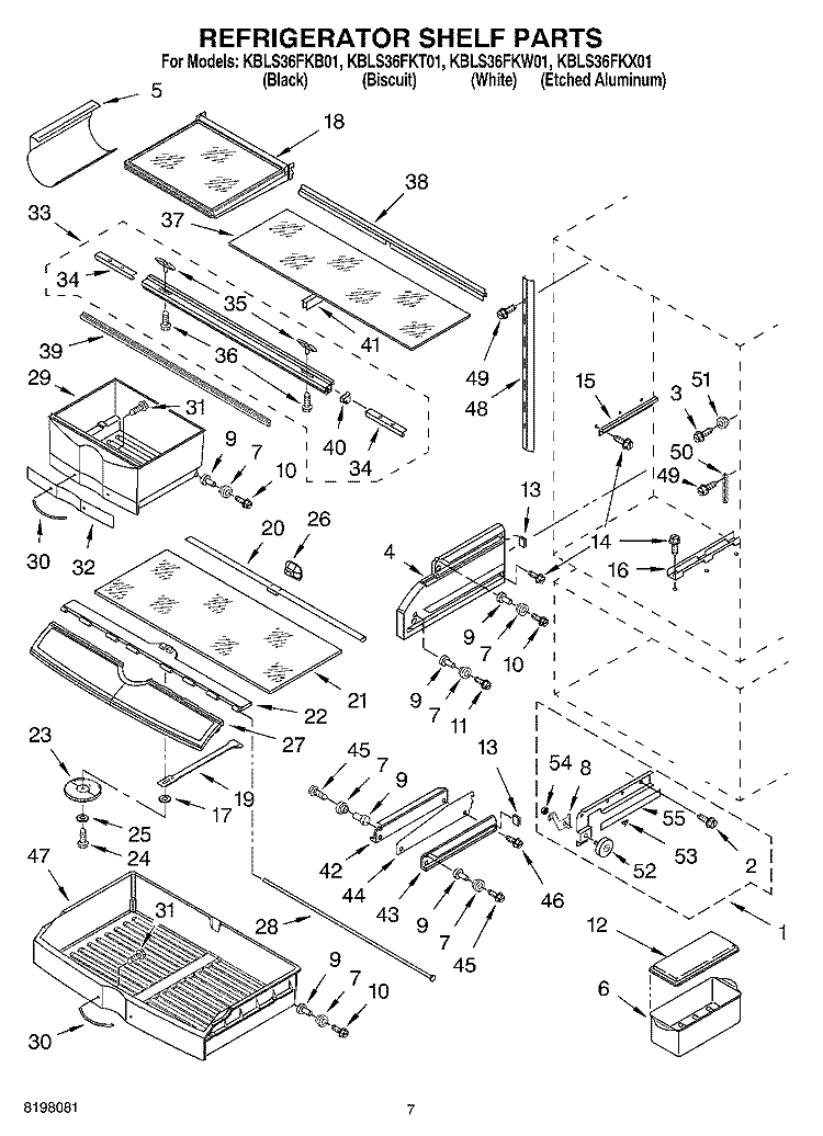 REFRIGERATOR SHELF Diagram and Parts List for KBLS36FKW01  KitchenAid Refrigerator