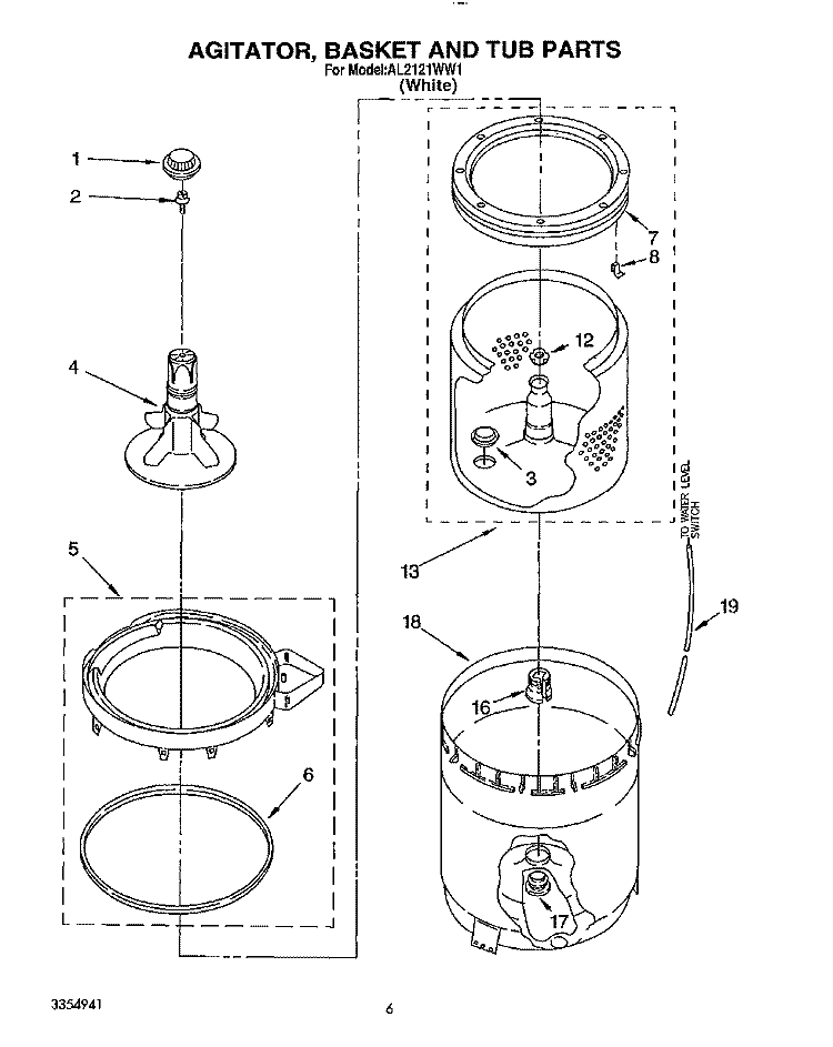 AGITATOR, BASKET AND TUB Diagram and Parts List for AL2121WW1  Whirlpool Washer